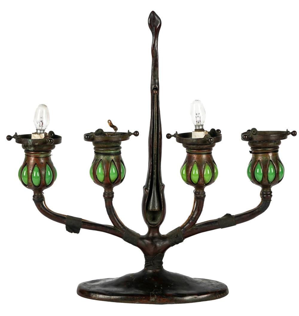 Appraisal: TIFFANY STUDIOS CANDELABRUM WITH L C T SHADEbase signed Tiffany