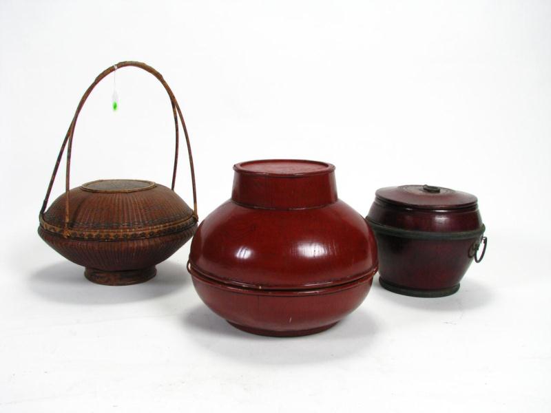 Appraisal: Asian lidded handled woven basket approximately '' tall red wooden