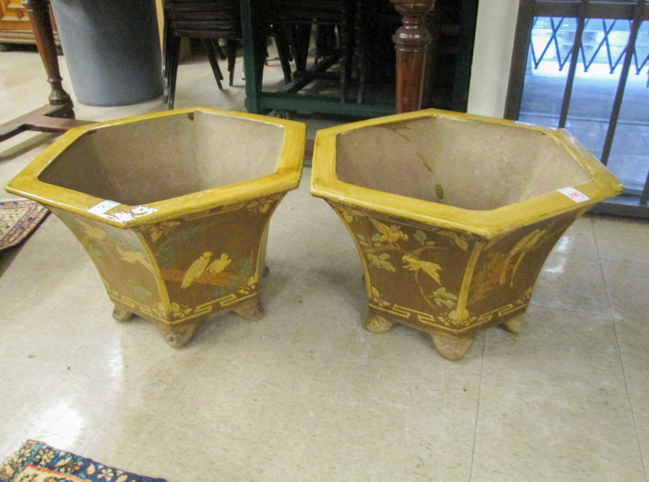 Appraisal: PAIR OF HEXAGONAL GLAZED POTTERY PLANTERS Chinese export th century