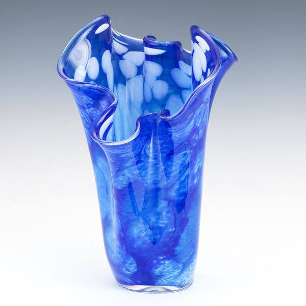 Appraisal: MURANO ART GLASS ROYAL BLUE AND OIL SPOT HANDKERCHIEF VASE