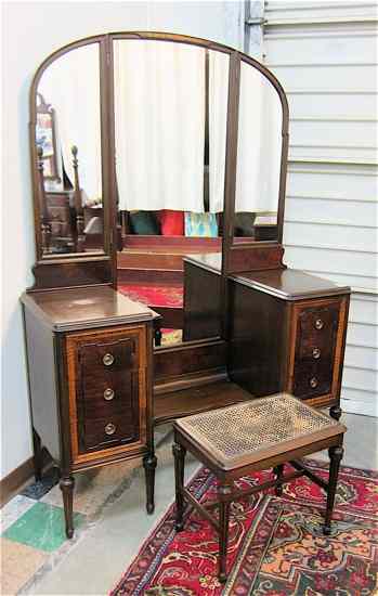 Appraisal: LOUIS XVI STYLE MAHOGANY AND WALNUT VANITY WITH MATCHING BENCH