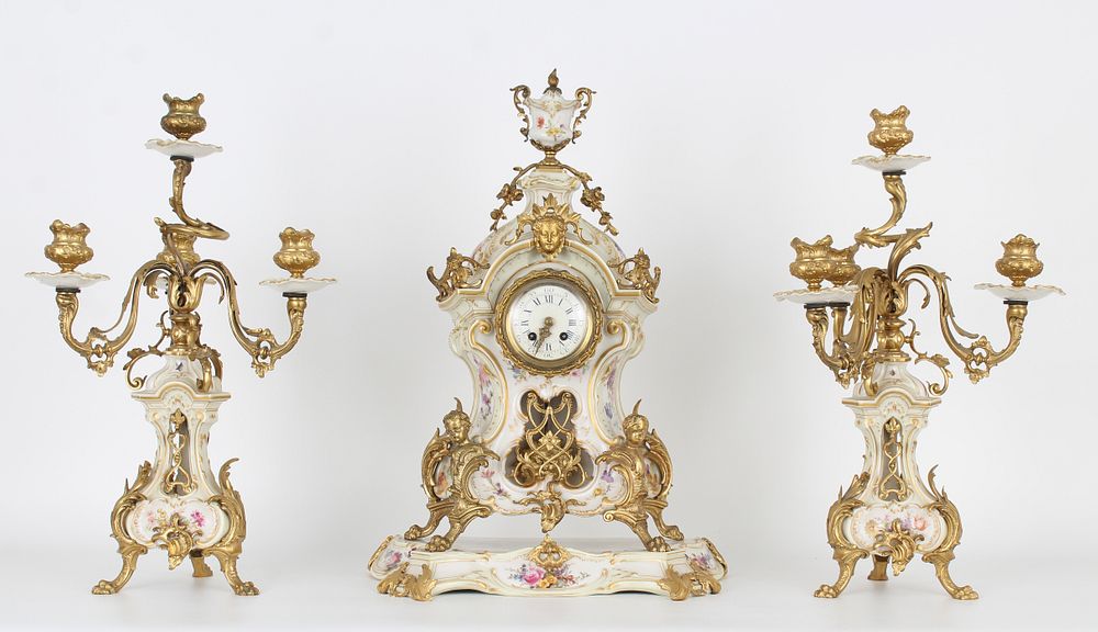 Appraisal: Gilt Bronze Porcelain KPM Porcelain Clock Set Antique Gilt Bronze