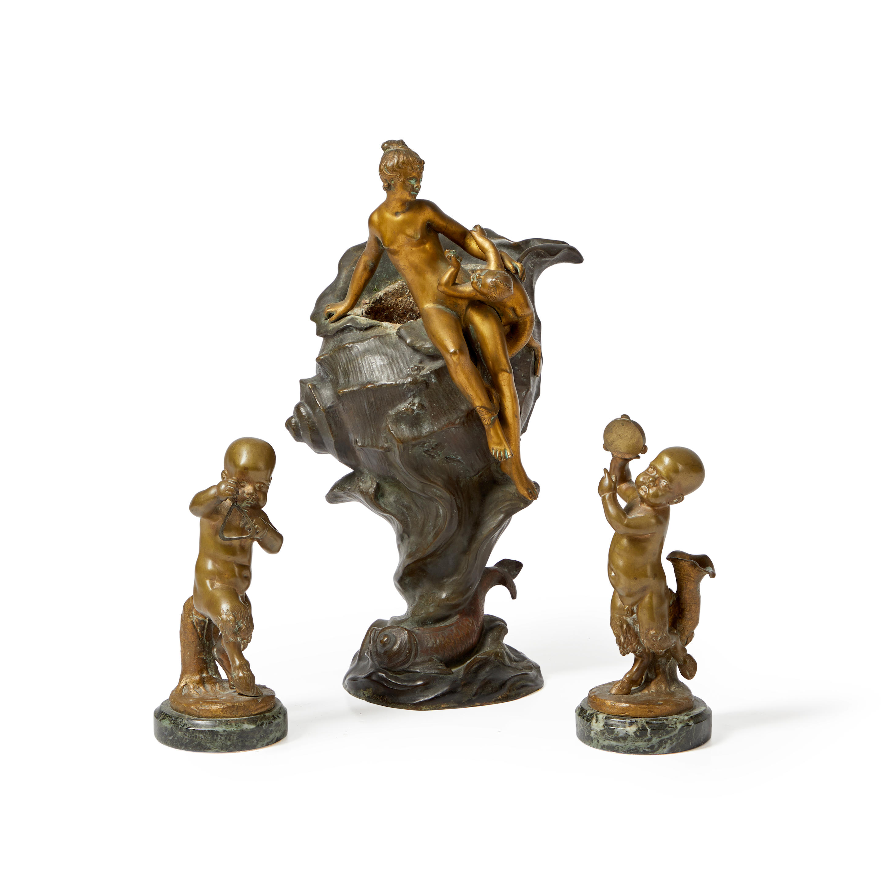 Appraisal: Three Bronze Sculptures one sculpture of two figures sitting on