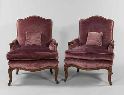 Appraisal: A Pair of French Style Bergere Chairs With carved walnut