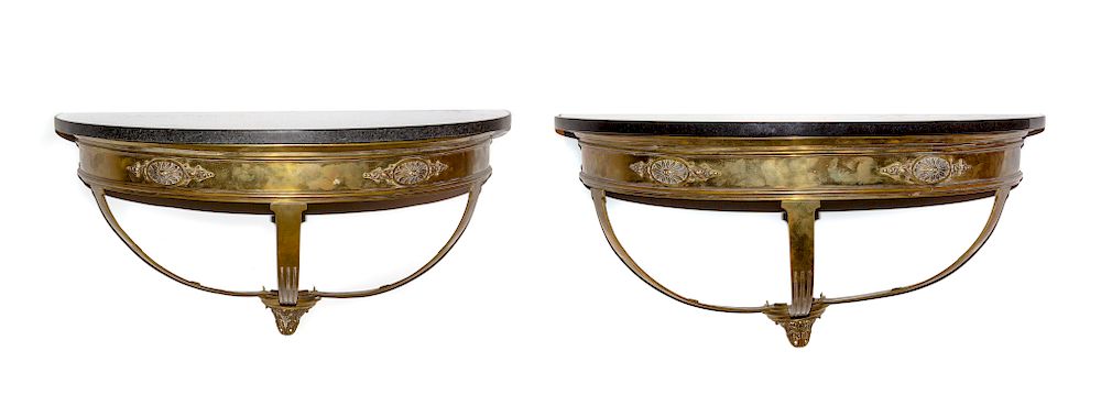 Appraisal: A Pair of Neoclassical Style Brass and Marble Consoles Width