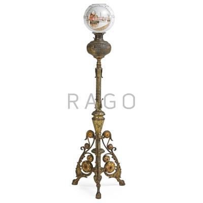 Appraisal: VICTORIAN PIANO LAMP Brass with hand-painted ball glass shade th