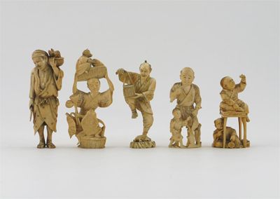 Appraisal: Five small Japanese ivory carvings of figures with children and