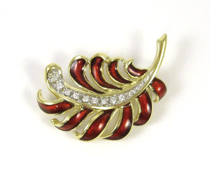 Appraisal: ENAMEL DIAMOND AND FOURTEEN KARAT GOLD BROOCH The yellow gold