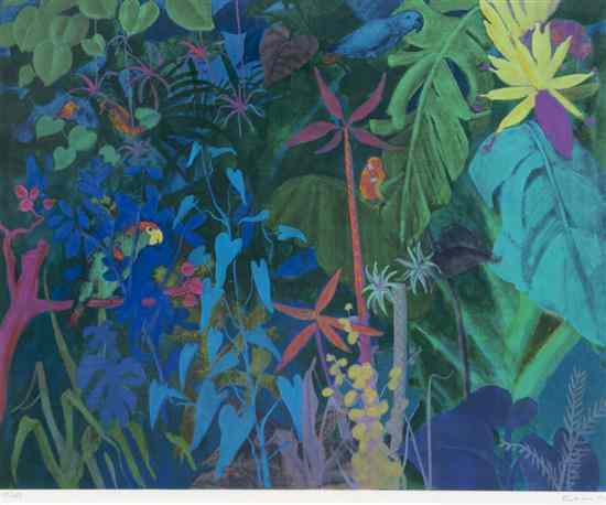 Appraisal: Gustav Likan Croation b Birds in the Jungle color lithograph