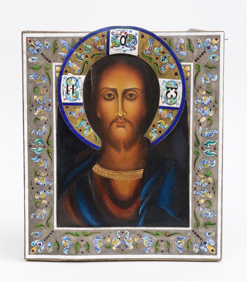 Appraisal: RUSSIAN ICON OF CHRIST PANTOCRATOR IN BLUE ROBES Border with