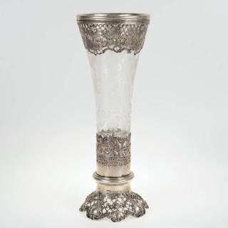 Appraisal: Continental silver mounted engraved glass vase th th c pierced