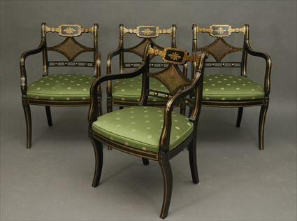 Appraisal: Set of Four Regency-Style Ebonized and Parcel-Gilt Caned and Upholstered