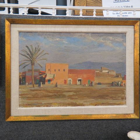 Appraisal: Maurice Grosser oil Turkish villagewith palm tree figures well listed