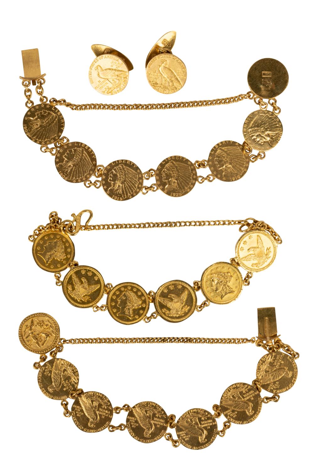 Appraisal: GROUP OF HIGH KARAT YELLOW GOLD COIN JEWELRYcomprising three coin