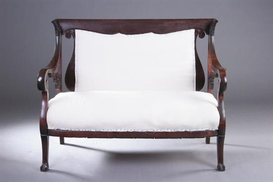 Appraisal: AMERICAN EMPIRE STYLE WALNUT SETTEE mid- th century Rectangular crest