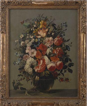 Appraisal: DUTCH SCHOOL STILL LIFE WITH FLOWERS AND A LIZARD Oil