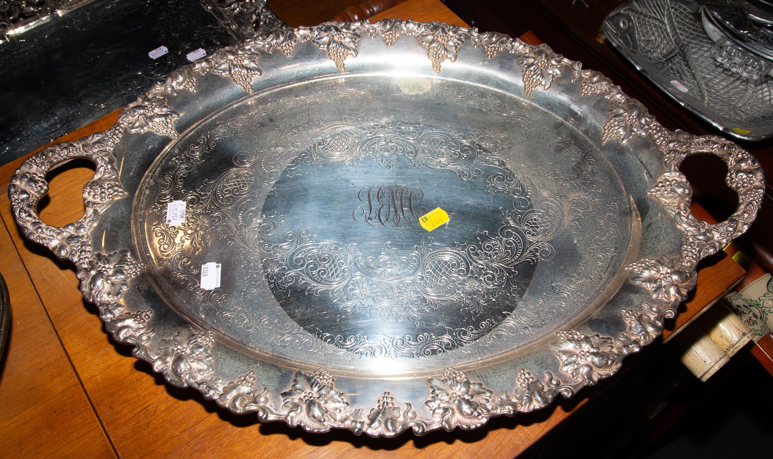 Appraisal: ENGLISH SILVER PLATED SERVICE TRAY With grapevine motif in L