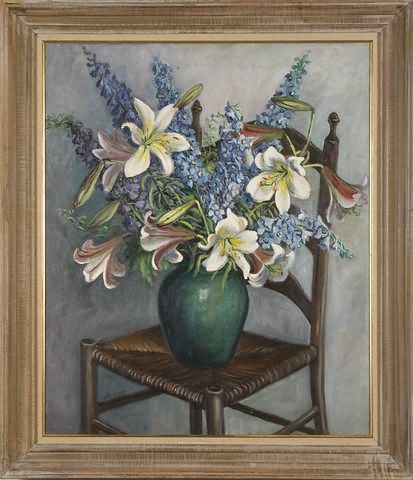 Appraisal: Regal Lilies floral still life on chair oil on canvas