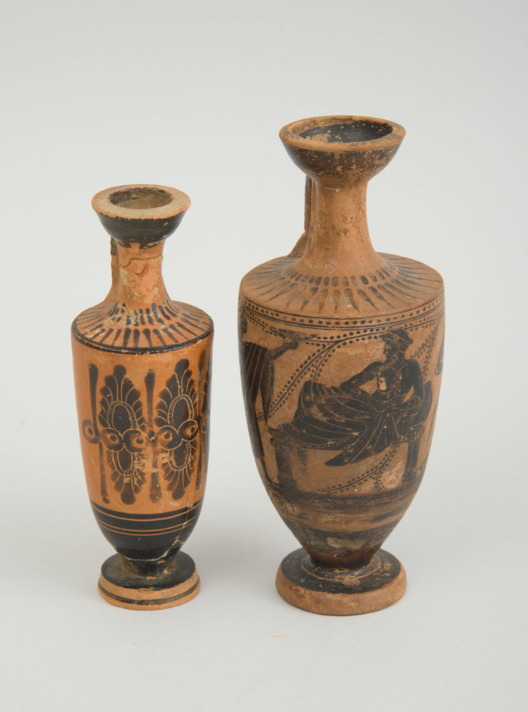 Appraisal: TWO ATTIC POTTERY BLACK-FIGURE LEKYTHOS The smaller reglued and in