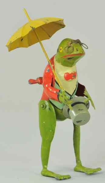 Appraisal: MECHANICAL FROG WITH UMBRELLA Germany early hand painted tin frog