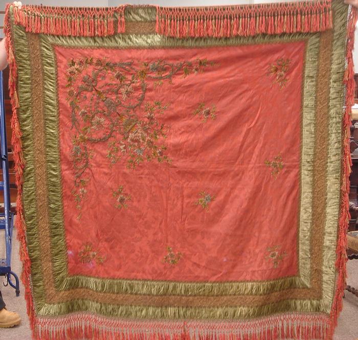 Appraisal: Silk velvet table throw gold thread embroidery tasseled fringe on