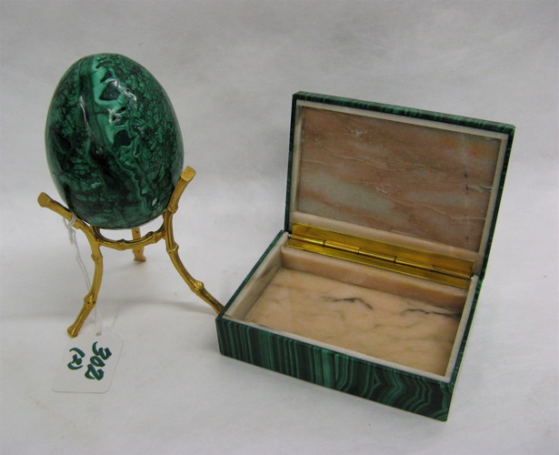 Appraisal: TWO MALACHITE PIECES a covered box with peach marble interior