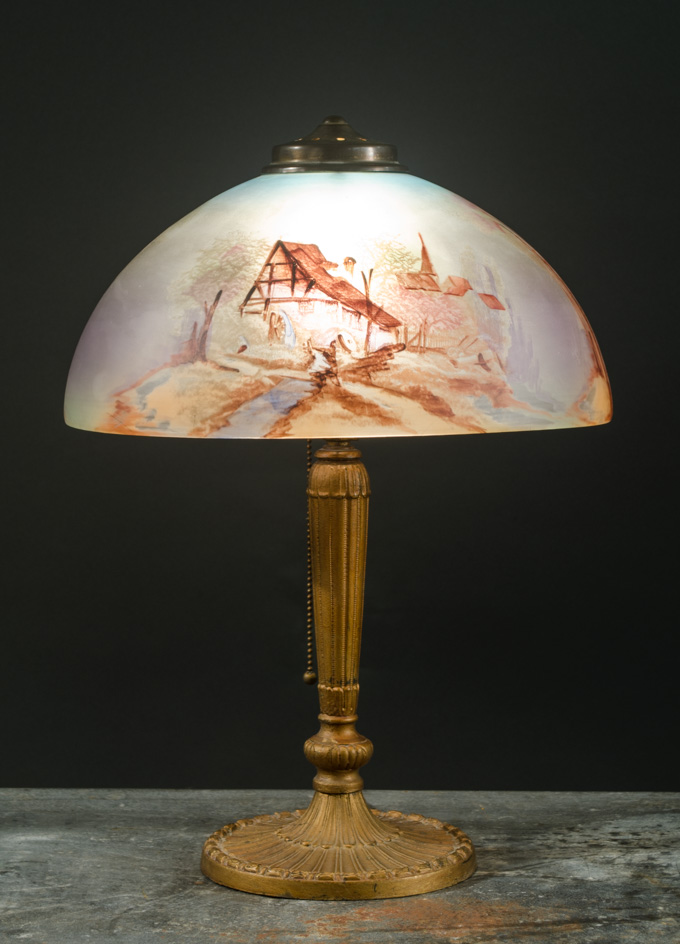 Appraisal: REVERSE PAINTED TABLE LAMP manufactured by the Pittsburgh Lamp Brass