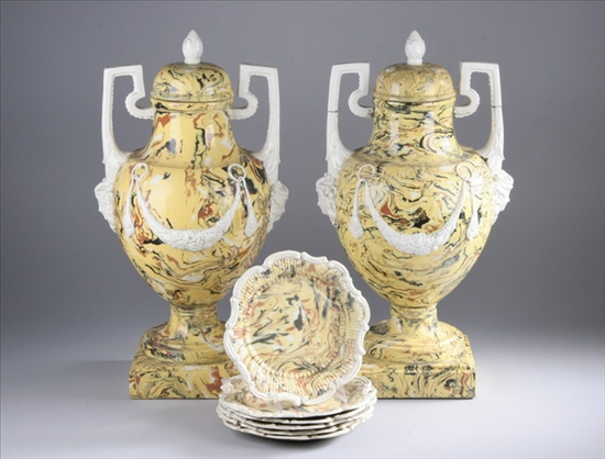 Appraisal: PAIR ITALIAN CERAMIC URNS AND SIX MATCHING PLATES th century