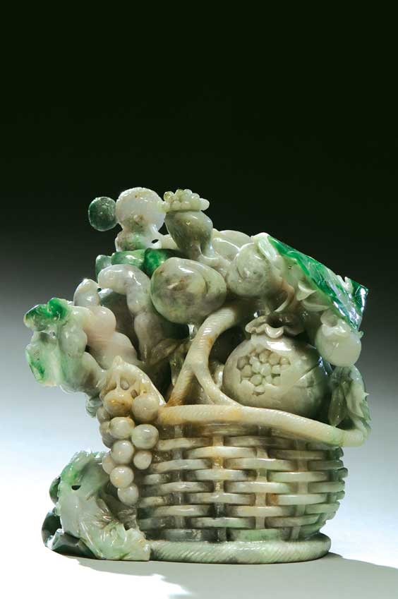 Appraisal: CARVED JADEITE FRUIT BASKET Chinese carved jadeite model of a