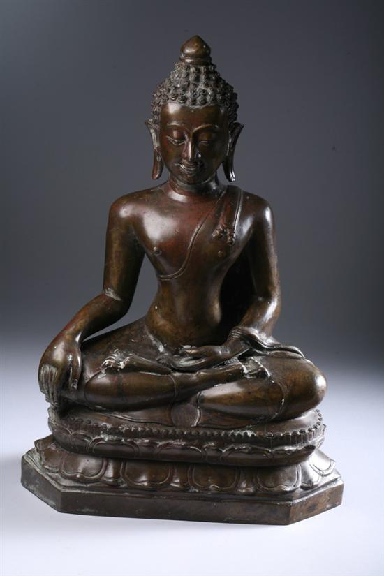 Appraisal: THAI BRONZE FIGURE OF BUDDHA Bangkok period Seated in dhyanasana