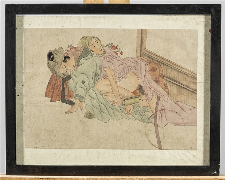 Appraisal: Two Japanese shunga paintings on paper each framed X sight