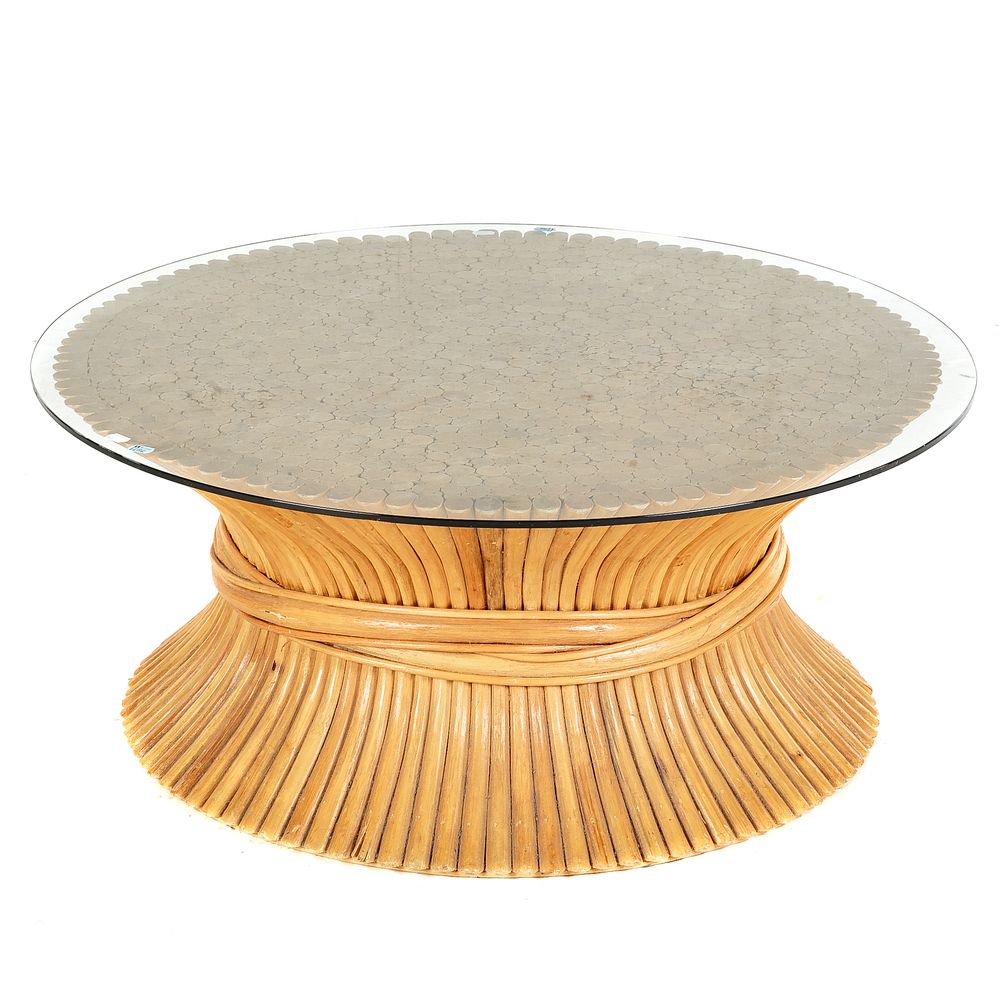 Appraisal: McGuire Contemporary Round Glass Top Coffee Table Rattan Sheaf of