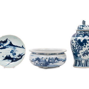 Appraisal: Three Chinese Blue and White Porcelain Articles the first a