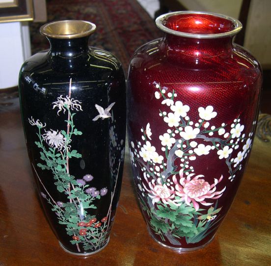 Appraisal: Two Oriental Cloisonne Vases one a good Chinese mirror-black ground