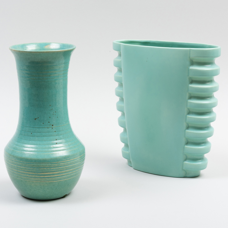 Appraisal: Two American Green Glazed Vessels The first with molded mark