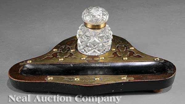 Appraisal: An Antique English Walnut and Brass Strapwork Encrier cut crystal