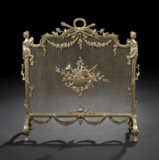 Appraisal: French Gilded Brass and Steel Mesh Quatrepodal Firescreen first quarter