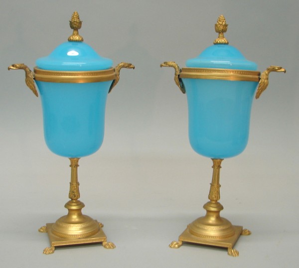 Appraisal: Pair of ormolu mounted garniture urns with blue satin glass