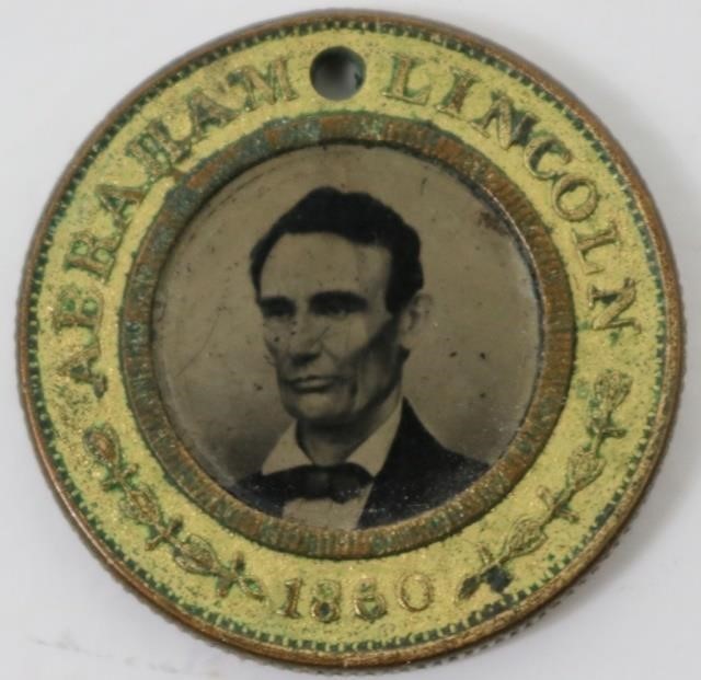 Appraisal: ABRAHAM LINCOLN FERROTYPE POLITICAL BUTTONFOR PRESIDENTIAL ELECTION WITH HANNIBAL HAMLIN