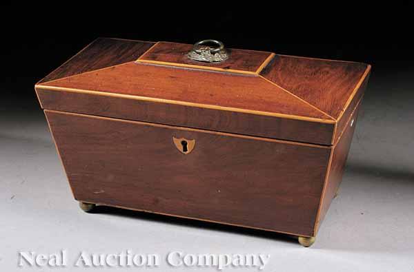 Appraisal: A Late George III Inlaid Mahogany Sarcophagus-Form Tea Caddy fitted