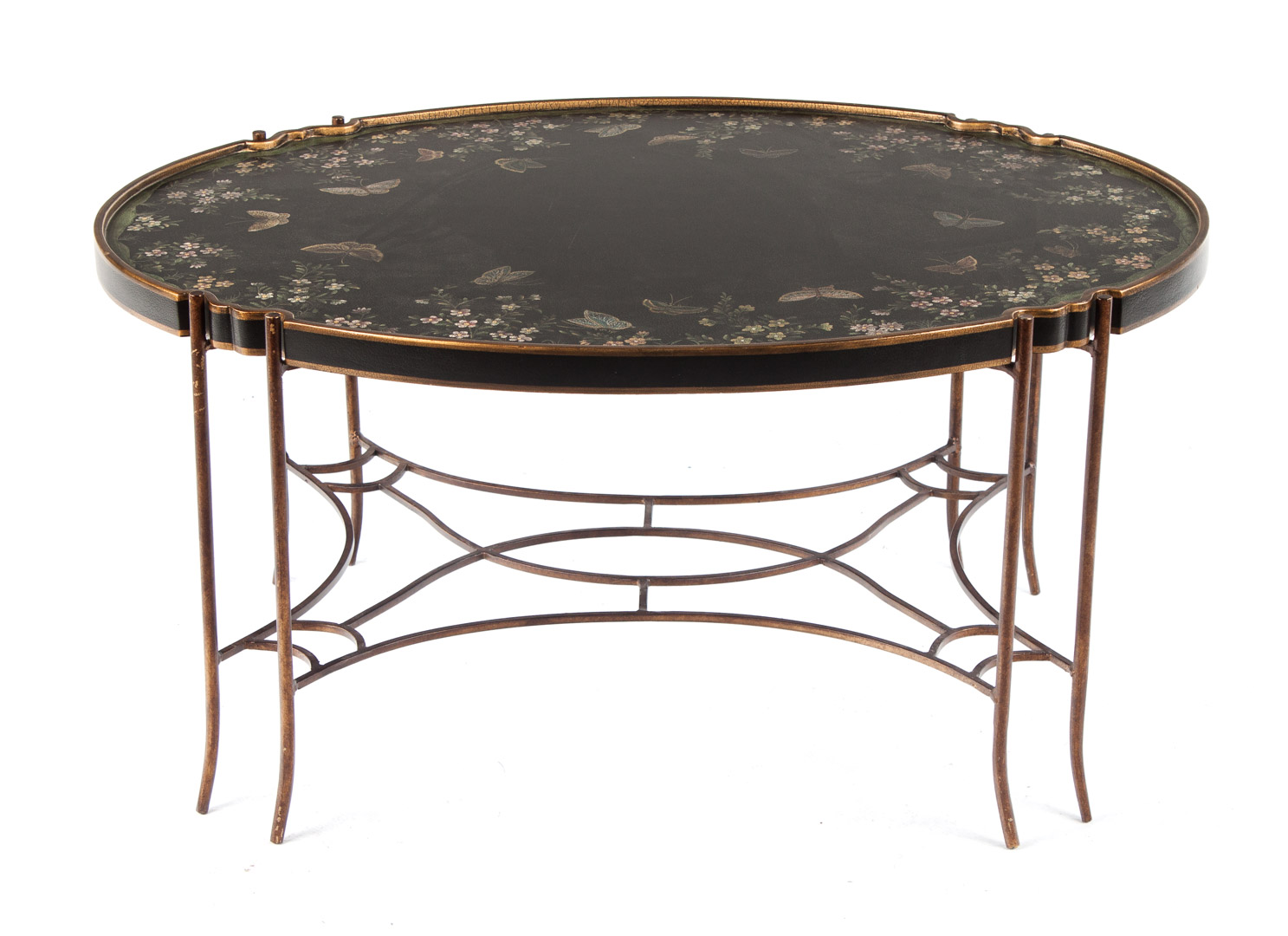 Appraisal: Contemporary painted oval tray table black ground with painted flower