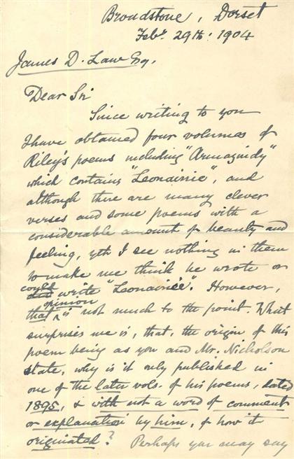 Appraisal: piece Autograph Letter Signed Wallace Alfred Dorset Feb pp mo