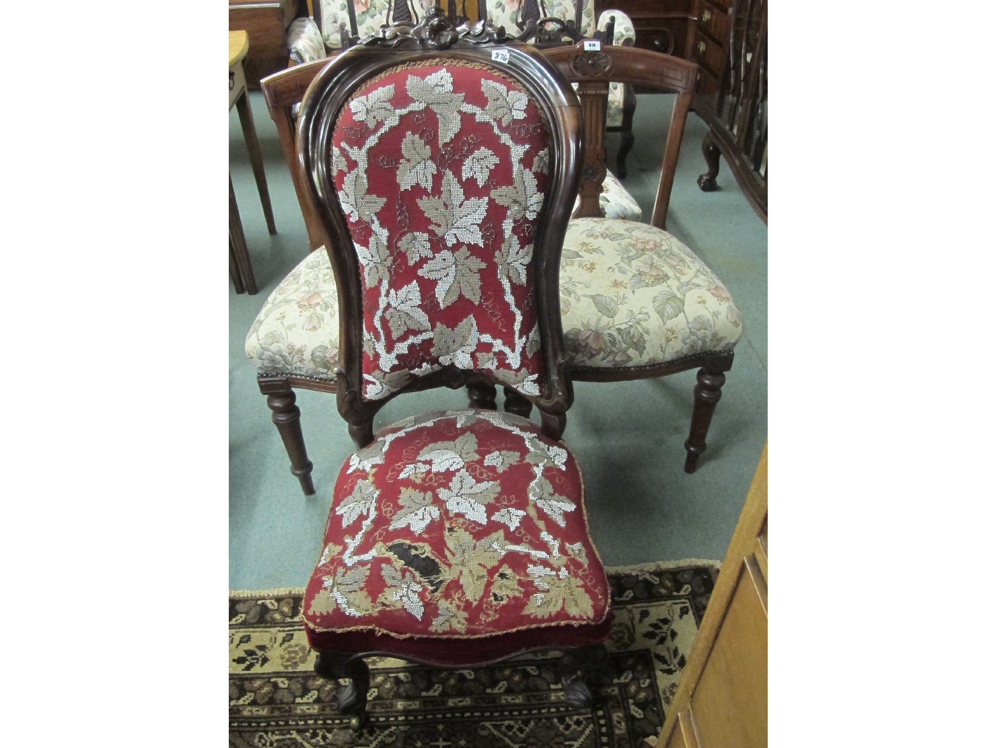 Appraisal: Victorian mahogany framed beadwork chair with a pair of Victorian