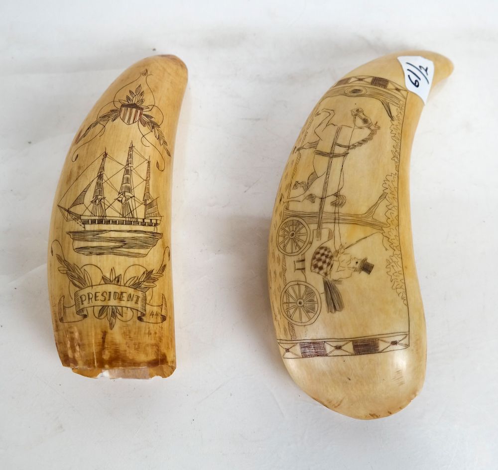 Appraisal: Two Scrimshaw Tooth Carvings One depicting the President three-masted schooner