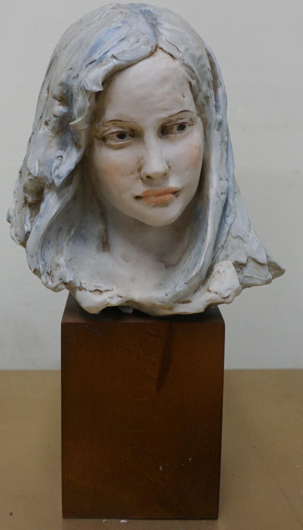 Appraisal: BENACCHIO PAINTED BISQUE HEAD OF WOMAN ON WOOD STAND H