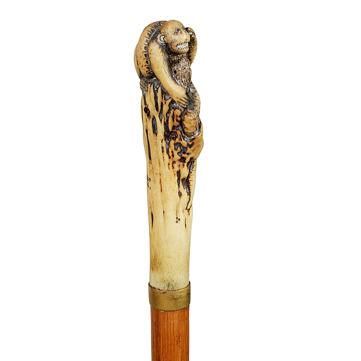 Appraisal: Japanese Stag Cane Ca - A carved baboon atop a