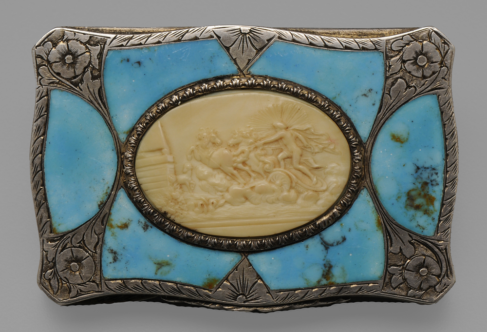 Appraisal: Ivory Turquoise-Inlaid Silver Box Continental th century cartouche form central