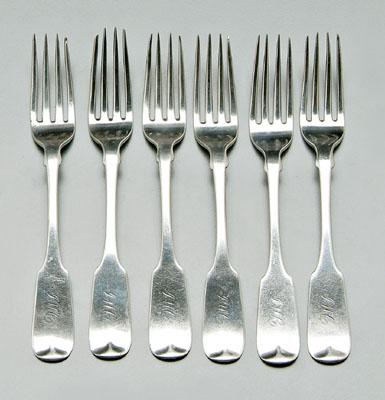 Appraisal: Set of six coin silver forks fiddle handles upturned tipt