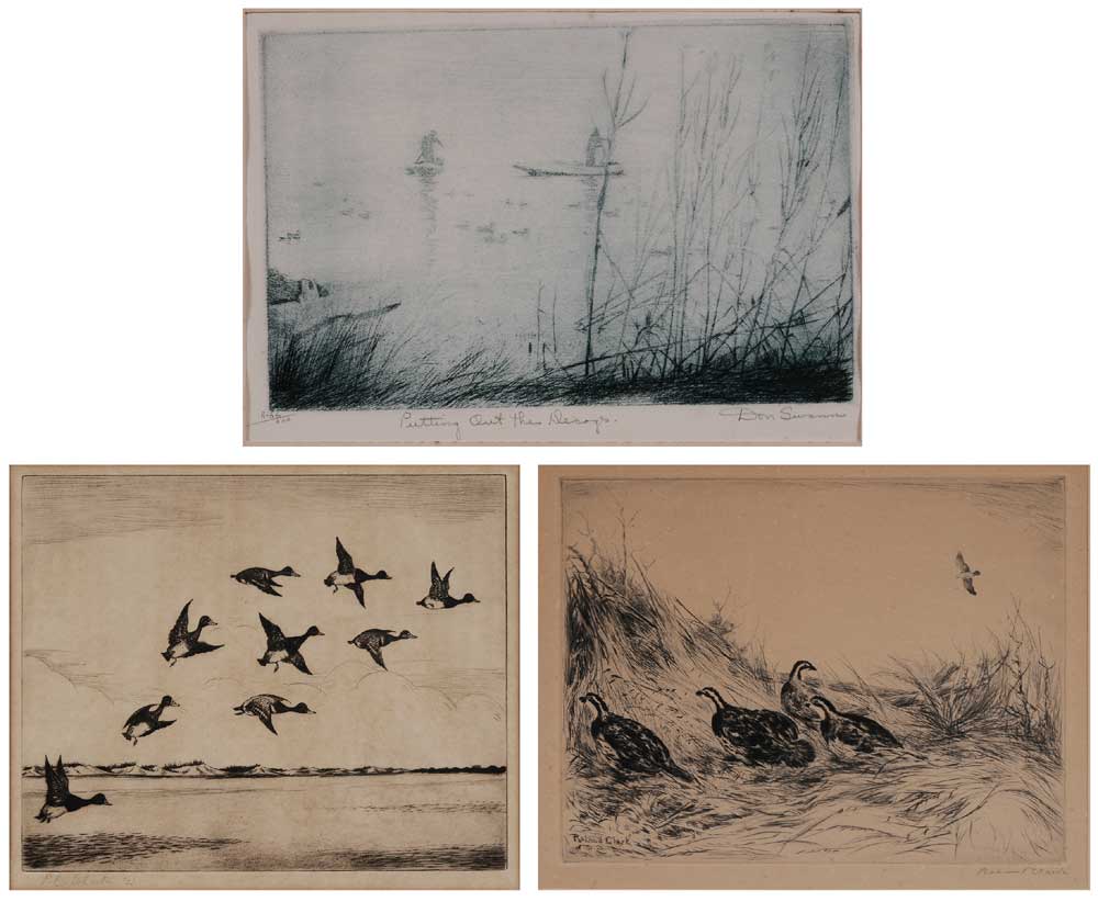 Appraisal: Three Sporting Etchings American th century Hawk signed lower right