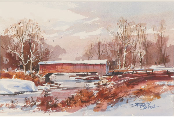 Appraisal: Jerry Smith American b winter landscape with covered bridge watercolor